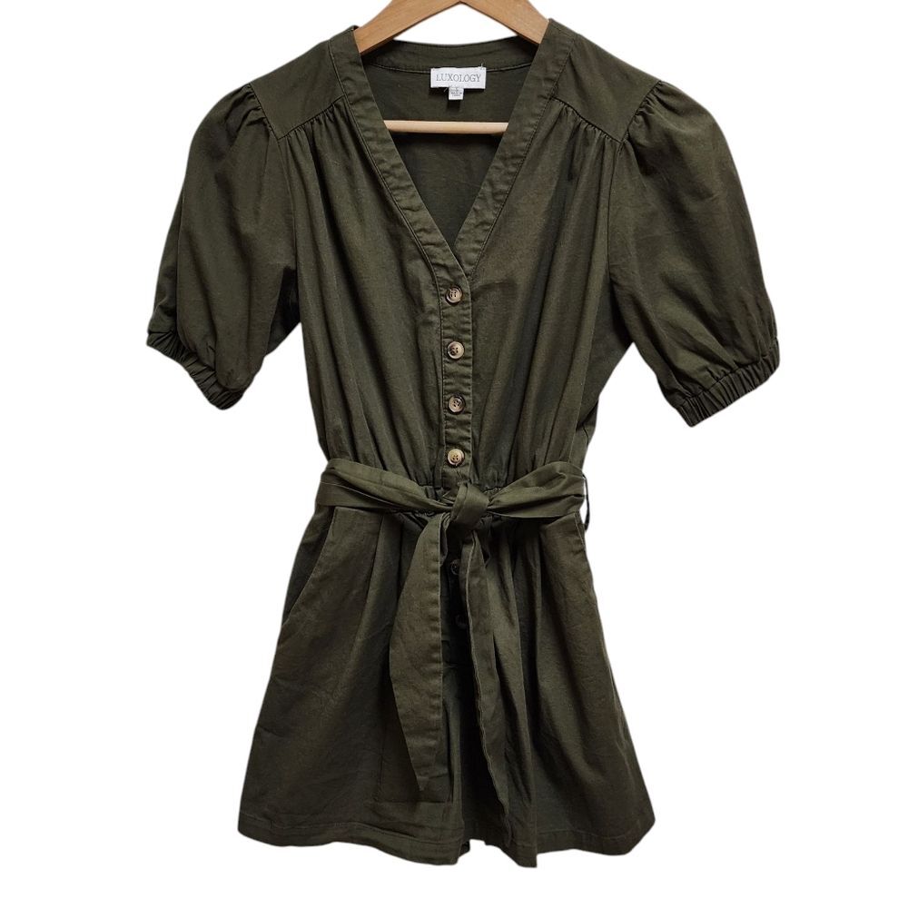 Luxology Women Olive Green Puff Slv Button Romper Self Tie Pockets Stretch Sz S